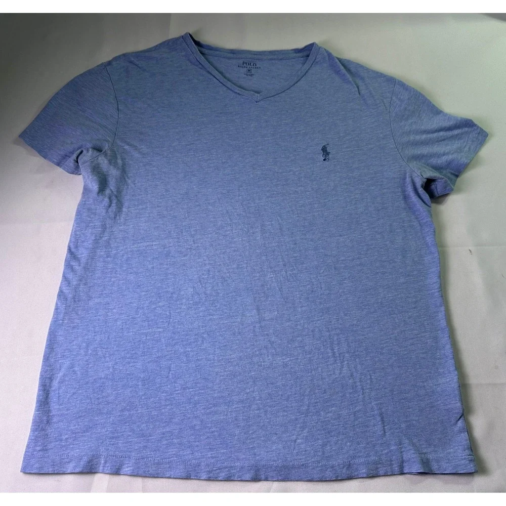 Polo Ralph Lauren V-Neck T-Shirt Size Medium Heather Blue Preppy Cotton Pony Tee